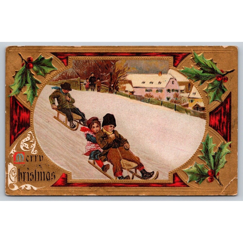 Postcard Merry Christmas Children Snow Sledding Gold Edge Embossed c1910 Unpost